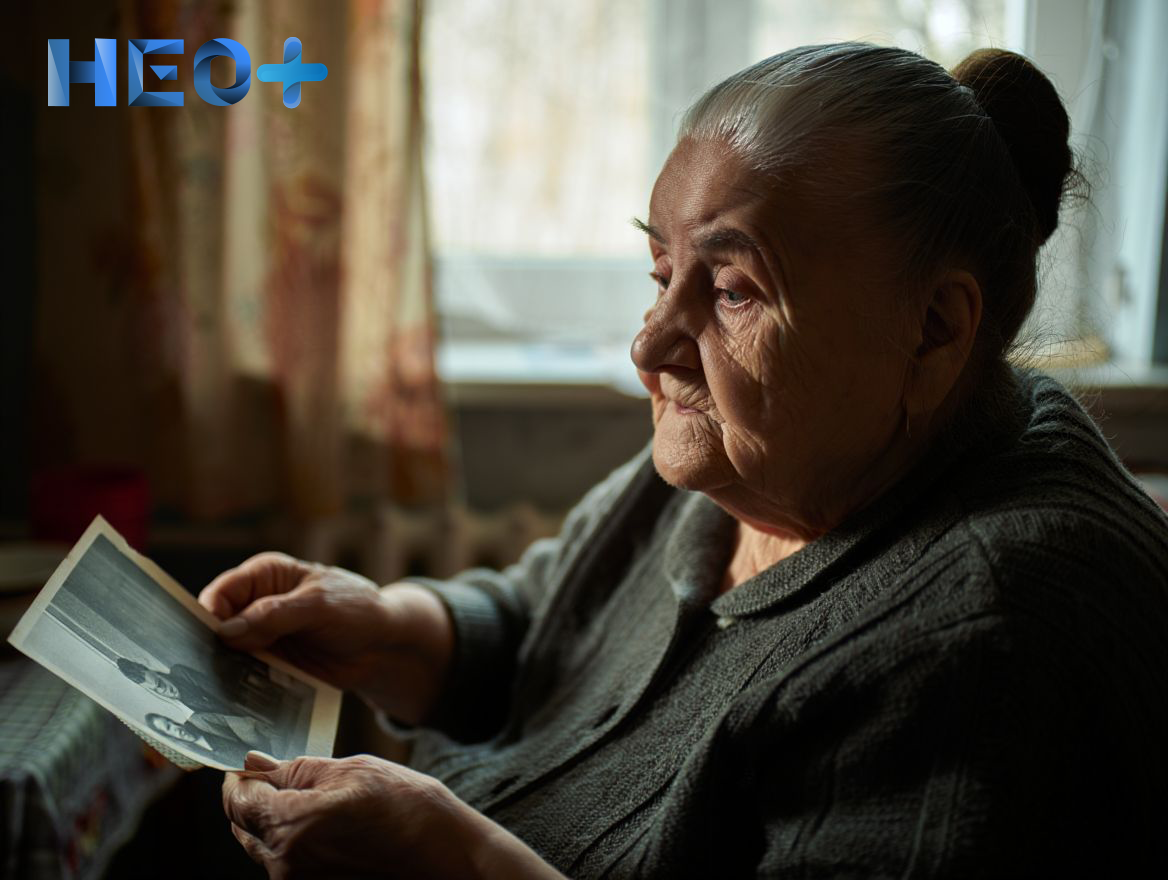 Пожилая женщина рассматривает старые фотографии